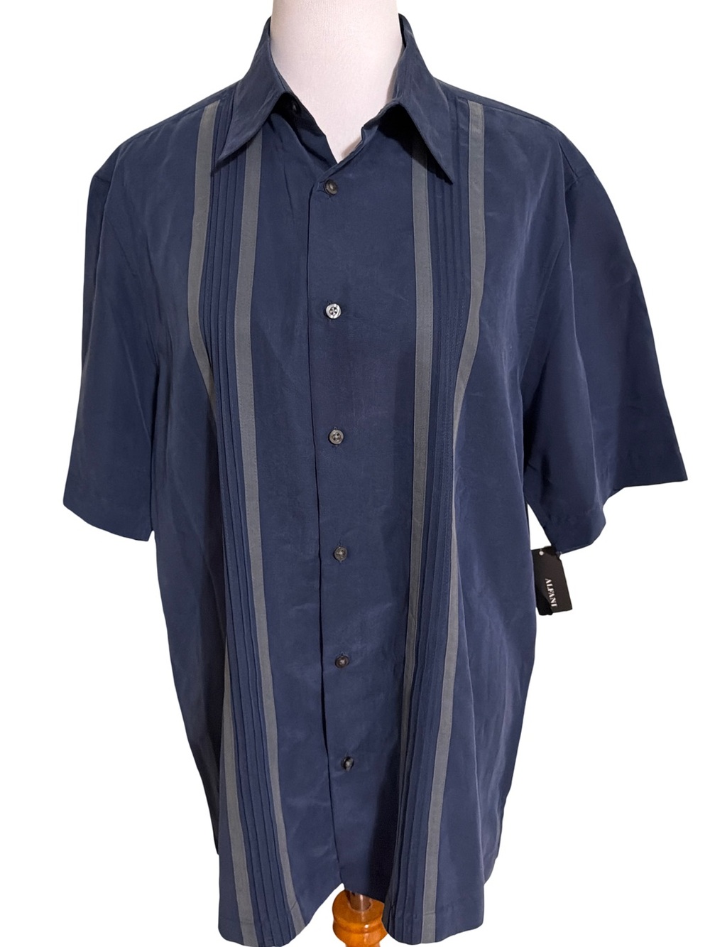 Alfani Men's Navy Short-Sleeve Button-Down Shirt with Vertical Gray Stripes
